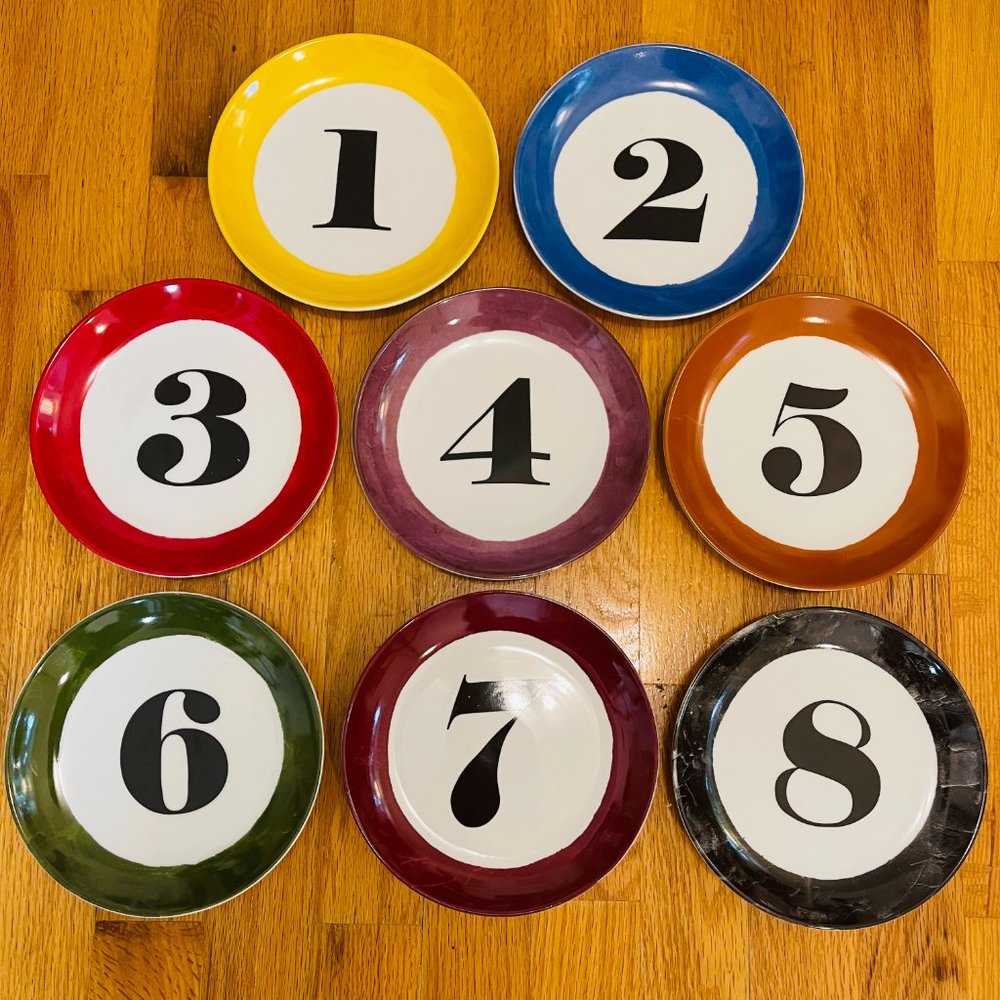 Prima Design Graphic Pool Balls 6" Porcelain Plates Billiards Set of 8 NEW!